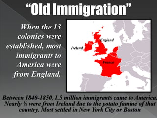 “Old Immigration”When the 13 colonies were established, most immigrants to America were from England. EnglandIrelandFranceBetween 1840-1850, 1.5 million immigrants came to America. Nearly ½ were from Ireland due to the potato famine of that country. Most settled in New York City or Boston