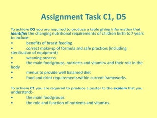 Assignment Task C1, D5
To achieve D5 you are required to produce a table giving information that
identifies the changing nutritional requirements of children birth to 7 years
to include:
• benefits of breast feeding
• correct make-up of formula and safe practices (including
sterilisation of equipment)
• weaning process
• the main food groups, nutrients and vitamins and their role in the
body
• menus to provide well balanced diet
• food and drink requirements within current frameworks.
To achieve C1 you are required to produce a poster to the explain that you
understand:-
• the main food groups
• the role and function of nutrients and vitamins.
 