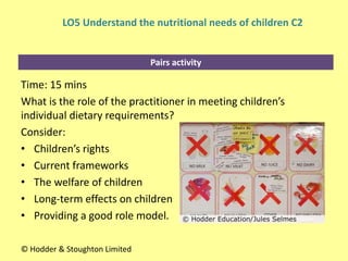 Pairs activity
Time: 15 mins
What is the role of the practitioner in meeting children’s
individual dietary requirements?
Consider:
• Children’s rights
• Current frameworks
• The welfare of children
• Long-term effects on children
• Providing a good role model.
© Hodder & Stoughton Limited
LO5 Understand the nutritional needs of children C2
 