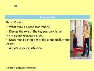 Group activity
Time: 15 mins
• What makes a good role model?
• Discuss the role of the key person – list all
the roles and responsibilities.
• Draw round a member of the group to illustrate the ideal key
person.
• Annotate your illustration.
© Hodder & Stoughton Limited
D1
 