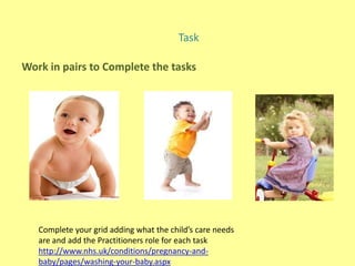 Task
Work in pairs to Complete the tasks
Complete your grid adding what the child’s care needs
are and add the Practitioners role for each task
http://www.nhs.uk/conditions/pregnancy-and-
baby/pages/washing-your-baby.aspx
 