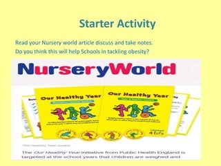 Starter Activity
Read your Nursery world article discuss and take notes.
Do you think this will help Schools in tackling obesity?
 