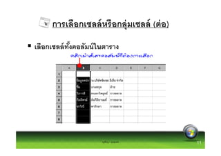 การเลือกเซลล์ หรือกลุ่มเซลล์ (ต่ อ)
เลือกเซลล์ ทงคอลัมน์ ในตาราง
            ั




                      ครูพีรญา ดุนขุนทด    11
 
