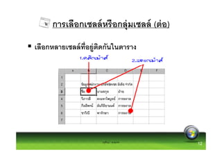 การเลือกเซลล์ หรือกลุ่มเซลล์ (ต่ อ)
เลือกหลายเซลล์ ทอยู่ตดกันในตาราง
                ี ิ




                     ครูพีรญา ดุนขุนทด
                                           12
 