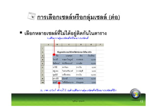 การเลือกเซลล์ หรือกลุ่มเซลล์ (ต่ อ)
เลือกหลายเซลล์ ทไม่ ได้ อยู่ตดกันในตาราง
                ี            ิ




                       ครูพีรญา ดุนขุนทด    13
 