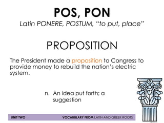 POS, PON 
Latin PONERE, POSTUM, “to put, place” 
PROPOSITION 
The President made a proposition to Congress to 
provide money to rebuild the nation’s electric 
system. 
n. An idea put forth; a 
suggestion 
UNIT TWO VOCABULARY FROM LATIN AND GREEK ROOTS 
 