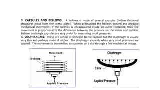 3. CAPSULES AND BELLOWS: A bellows is made of several capsules (hollow flattened
structures made from thin metal plate). When pressurized the bellows expand and produce
mechanical movement. If the bellows is encapsulated inside an outer container, then the
movement is proportional to the difference between the pressure on the inside and outside.
Bellows and single capsules are very useful for measuring small pressures.
4. DIAPHRAGMS: These are similar in principle to the capsule but the diaphragm is usually
very thin and perhaps made of rubber. The diaphragm expands when very small pressures are
applied. The movement is transmitted to a pointer on a dial through a fine mechanical linkage.
 