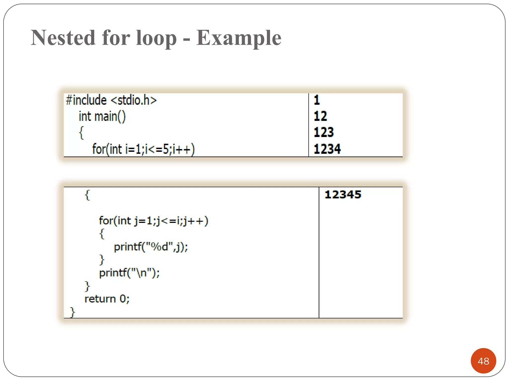 Nested for loop - Example
48
 