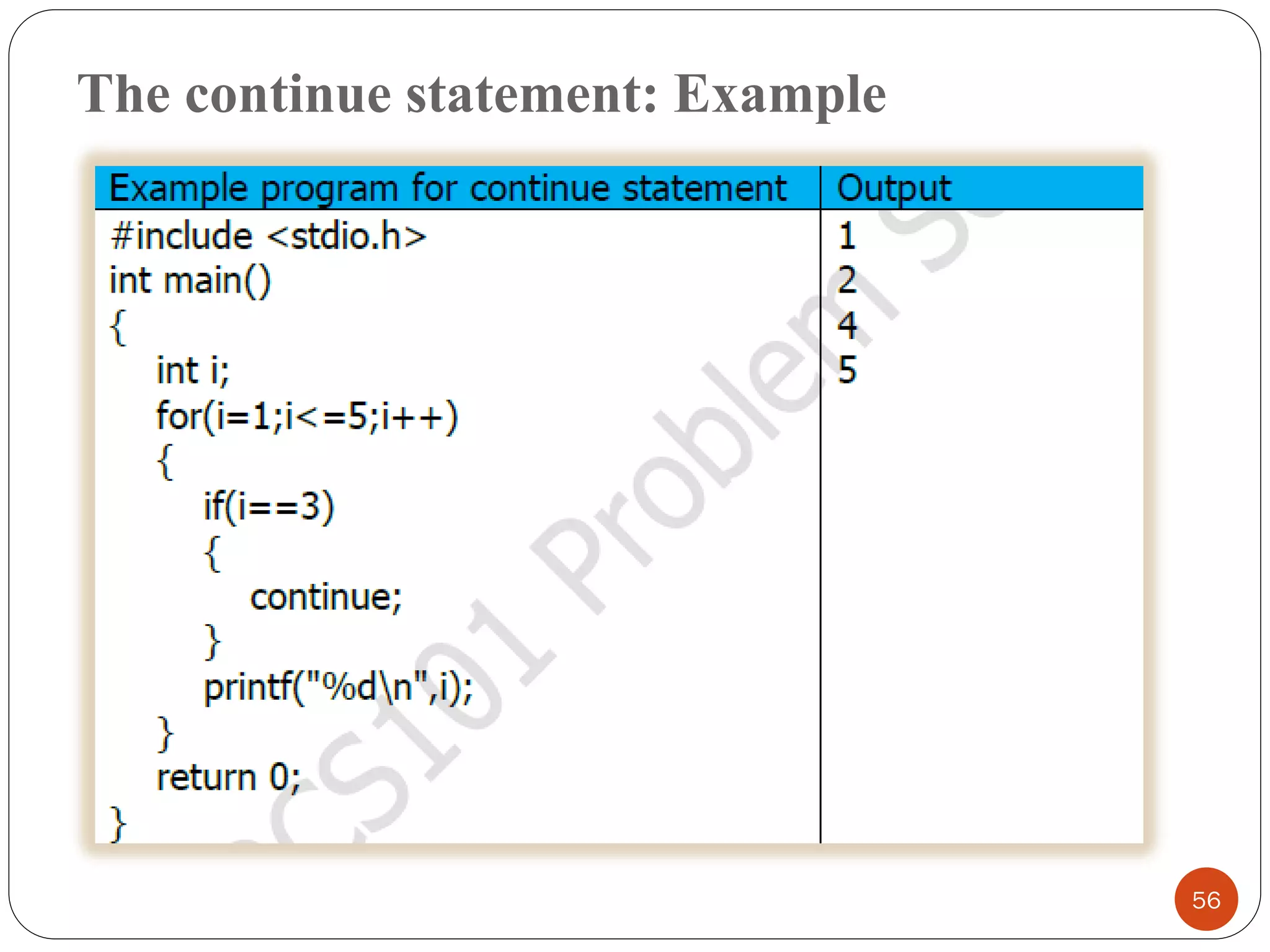 The continue statement: Example
56
 
