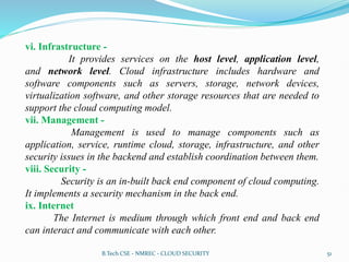 vi. Infrastructure -
It provides services on the host level, application level,
and network level. Cloud infrastructure includes hardware and
software components such as servers, storage, network devices,
virtualization software, and other storage resources that are needed to
support the cloud computing model.
vii. Management -
Management is used to manage components such as
application, service, runtime cloud, storage, infrastructure, and other
security issues in the backend and establish coordination between them.
viii. Security -
Security is an in-built back end component of cloud computing.
It implements a security mechanism in the back end.
ix. Internet
The Internet is medium through which front end and back end
can interact and communicate with each other.
B.Tech CSE - NMREC - CLOUD SECURITY 51
 