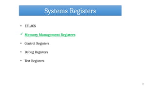 Systems Registers
49
• EFLAGS
 Memory Management Registers
• Control Registers
• Debug Registers
• Test Registers
 
