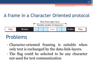 A frame in a Character Oriented protocol
• Character-oriented framing is suitable when
only text is exchanged by the data-link-layers.
• The flag could be selected to be any character
not used for text communication
11
Problems
 