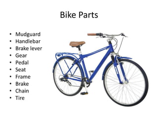Bike Parts
• Mudguard
• Handlebar
• Brake lever
• Gear
• Pedal
• Seat
• Frame
• Brake
• Chain
• Tire
 