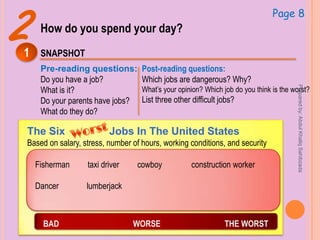 2How do you spend your day?
SNAPSHOT1
Pre-reading questions:
Do you have a job?
What is it?
Do your parents have jobs?
What do they do?
The Six Jobs In The United States
Based on salary, stress, number of hours, working conditions, and security
Fisherman taxi driver cowboy construction worker
Dancer lumberjack
BAD WORSE THE WORST
Post-reading questions:
Which jobs are dangerous? Why?
What’s your opinion? Which job do you think is the worst?
List three other difficult jobs?
Page 8
Preparedby:AbdulKhaliqSahibzada
 