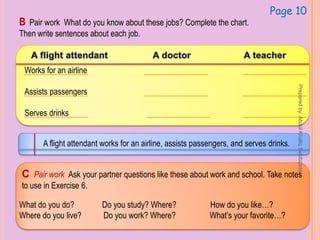 Page 10
B Pair work What do you know about these jobs? Complete the chart.
Then write sentences about each job.
Works for an airline
Assists passengers
Serves drinks
A flight attendant works for an airline, assists passengers, and serves drinks.
C Pair work Ask your partner questions like these about work and school. Take notes
to use in Exercise 6.
What do you do? Do you study? Where? How do you like…?
Where do you live? Do you work? Where? What’s your favorite…?
Preparedby:AbdulKhaliqSahibzada
 