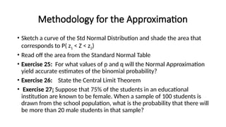 Methodology for the Approximation
• Sketch a curve of the Std Normal Distribution and shade the area that
corresponds to P( z1 < Z < z2)
• Read off the area from the Standard Normal Table
• Exercise 25: For what values of p and q will the Normal Approximation
yield accurate estimates of the binomial probability?
• Exercise 26: State the Central Limit Theorem
• Exercise 27: Suppose that 75% of the students in an educational
institution are known to be female. When a sample of 100 students is
drawn from the school population, what is the probability that there will
be more than 20 male students in that sample?
 