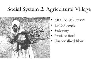 Social System 2: Agricultural Village 8,000 B.C.E.-Present 25-150 people Sedentary  Produce food Unspecialized labor 