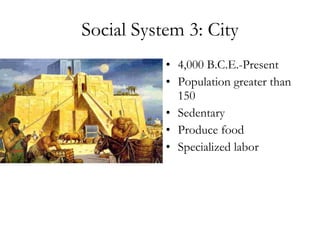 Social System 3: City 4,000 B.C.E.-Present Population greater than 150 Sedentary Produce food Specialized labor 