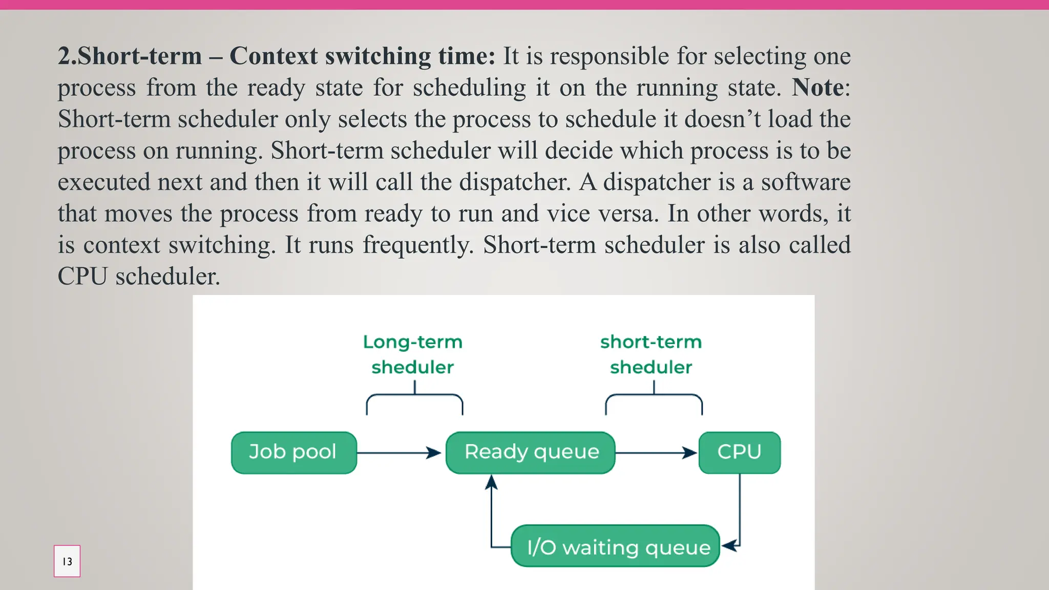 13
2.Short-term – Context switching time: It is responsible for selecting one
process from the ready state for scheduling it on the running state. Note:
Short-term scheduler only selects the process to schedule it doesn’t load the
process on running. Short-term scheduler will decide which process is to be
executed next and then it will call the dispatcher. A dispatcher is a software
that moves the process from ready to run and vice versa. In other words, it
is context switching. It runs frequently. Short-term scheduler is also called
CPU scheduler.
 