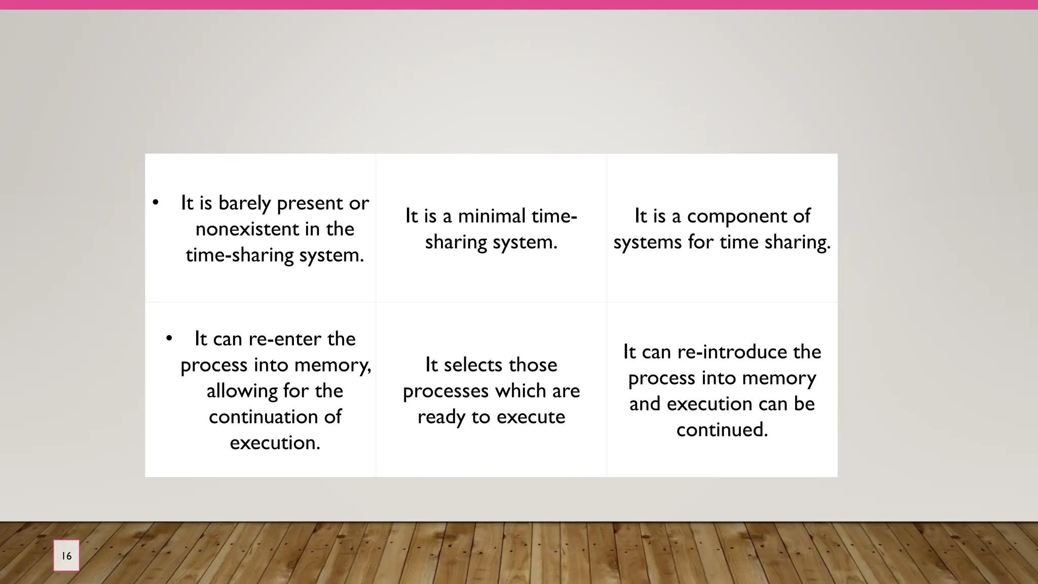 16
• It is barely present or
nonexistent in the
time-sharing system.
It is a minimal time-
sharing system.
It is a component of
systems for time sharing.
• It can re-enter the
process into memory,
allowing for the
continuation of
execution.
It selects those
processes which are
ready to execute
It can re-introduce the
process into memory
and execution can be
continued.
 