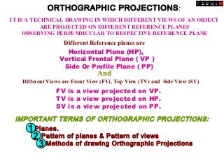 ORTHOGRAPHIC PROJECTIONS :
IT IS A TECHNICAL DRAWING IN WHICH DIFFERENT VIEWS OF AN OBJECT
           ARE PROJECTED ON DIFFERENT REFERENCE PLANES
     OBSERVING PERPENDICULAR TO RESPECTIVE REFERENCE PLANE
                  Different Reference planes are
                   Horizontal Plane (HP),
                 Vertical Frontal Plane ( VP )
                  Side Or Profile Plane ( PP)
                                And
   Different Views are Front View (FV), Top View (TV) and Side View (SV)
                FV is a view projected on VP.
                TV is a view projected on HP.
                SV is a view projected on PP.
 IMPORTANT TERMS OF ORTHOGRAPHIC PROJECTIONS:
    1 Planes.
     2 Pattern of planes & Pattern of views
       3 Methods of drawing Orthographic Projections
 