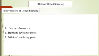 Effects of Deficit financing
1. Best use of resources
2. Helpful to develop countries
3. Additional purchasing power
Positive Effects of Deficit financing
 