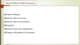 Adverse Effects of Deficit Financing
Leads to inflation
Adverse effect on saving
Adverse effect on Investment
Inequality
Increase in the cost of production
Change in the pattern of investment
 