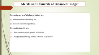 Merits and Demerits of Balanced Budget
Two main merits of a balanced budget are:
(a) It ensures financial stability and
(b) It avoids wasteful expenditure.
Two main demerits are:
(a) Process of economic growth is hindered
(b) Scope of undertaking welfare activities is restricted.
 