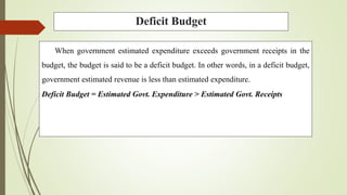 Deficit Budget
When government estimated expenditure exceeds government receipts in the
budget, the budget is said to be a deficit budget. In other words, in a deficit budget,
government estimated revenue is less than estimated expenditure.
Deficit Budget = Estimated Govt. Expenditure > Estimated Govt. Receipts
 