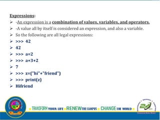 Expressions:
 -An expression is a combination of values, variables, and operators.
 -A value all by itself is considered an expression, and also a variable.
 So the following are all legal expressions:
 >>> 42
 42
 >>> a=2
 >>> a+3+2
 7
 >>> z=("hi"+"friend")
 >>> print(z)
 Hifriend
 