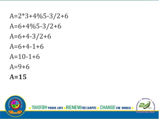 A=2*3+4%5-3/2+6
A=6+4%5-3/2+6
A=6+4-3/2+6
A=6+4-1+6
A=10-1+6
A=9+6
A=15
 