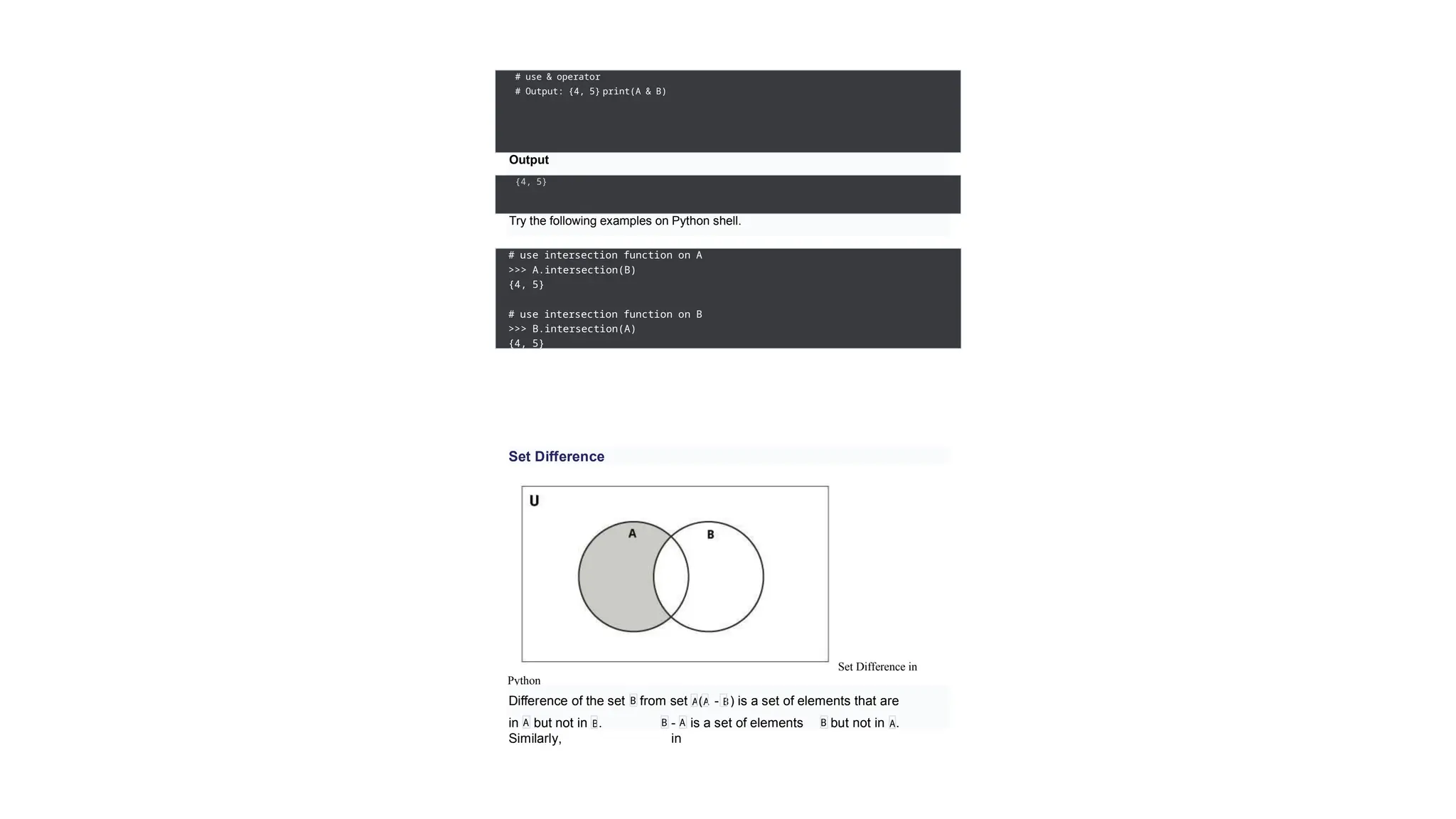# use intersection function on A
>>> A.intersection(B)
{4, 5}
# use intersection function on B
>>> B.intersection(A)
{4, 5}
Set Difference
Set Difference in
Python
Difference of the set B from set A(A - B) is a set of elements that are
only
in but not in B.
Similarly,
A B - is a set of elements
in
A B but not in A.
# use & operator
# Output: {4, 5} print(A & B)
Output
{4, 5}
Try the following examples on Python shell.
 