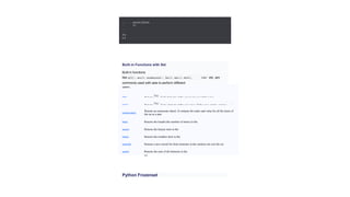 ..
.
..
.
a p
e l
print(lette
r)
Built-in Functions with Set
Built-in functions
like all(), any(), enumerate(), len(), max(), min(),
sorted(),
sum(
)
etc. are
commonly used with sets to perform different
tasks.
Function Description
all() Returns if all elements of the set are true (or if the set is
empty).
Tru
e
any() Returns if any element of the set is true. If the set is empty, returns
False.
Tru
e
enumerate()
Returns an enumerate object. It contains the index and value for all the items of
the set as a pair.
len() Returns the length (the number of items) in the
set.
max() Returns the largest item in the
set.
min() Returns the smallest item in the
set.
sorted() Returns a new sorted list from elements in the set(does not sort the set
itself).
sum() Returns the sum of all elements in the
set.
Python Frozenset
 