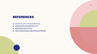 REFERENCES
19
▪ Estimation and costing by BN Dutta
▪ www.project-management.com
▪ www.theconstructor.org
▪ https://www.designingbuildings.co.uk/wiki/
 