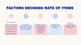 FACTORS DECIDING RATE OF ITEMS
5
Specifications of
works and material
about their quality,
proportion and
constructional
operation method.
Quantity of
materials and their
costs. Cost of labour
and their wages.
Location of site of
work and the
distances from
source and
conveyance
charges.
Overhead and
establishment
charges
Profit and
miscellaneous
expenses of the
contractor
 