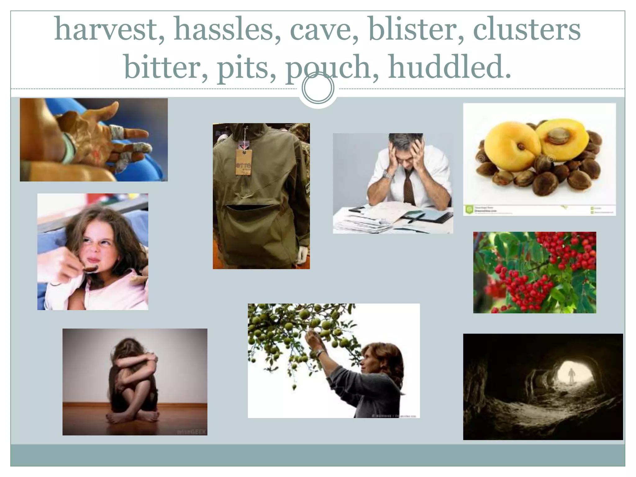 harvest, hassles, cave, blister, clusters
bitter, pits, pouch, huddled.
 