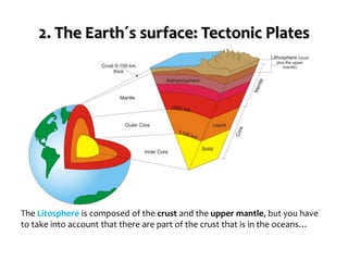 2. The Earth´s surface: Tectonic Plates
The Litosphere is composed of the crust and the upper mantle, but you have
to take into account that there are part of the crust that is in the oceans…
 