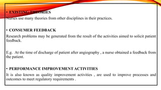 • EXISTING THEORIES
Nurses use many theories from other disciplines in their practices.
• CONSUMER FEEDBACK
Research problems may be generated from the result of the activities aimed to solicit patient
feedback.
E.g. At the time of discharge of patient after angiography , a nurse obtained a feedback from
the patient.
• PERFORMANCE IMPROVEMENT ACTIVITIES
It is also known as quality improvement activities , are used to improve processes and
outcomes to meet regulatory requirements .
 