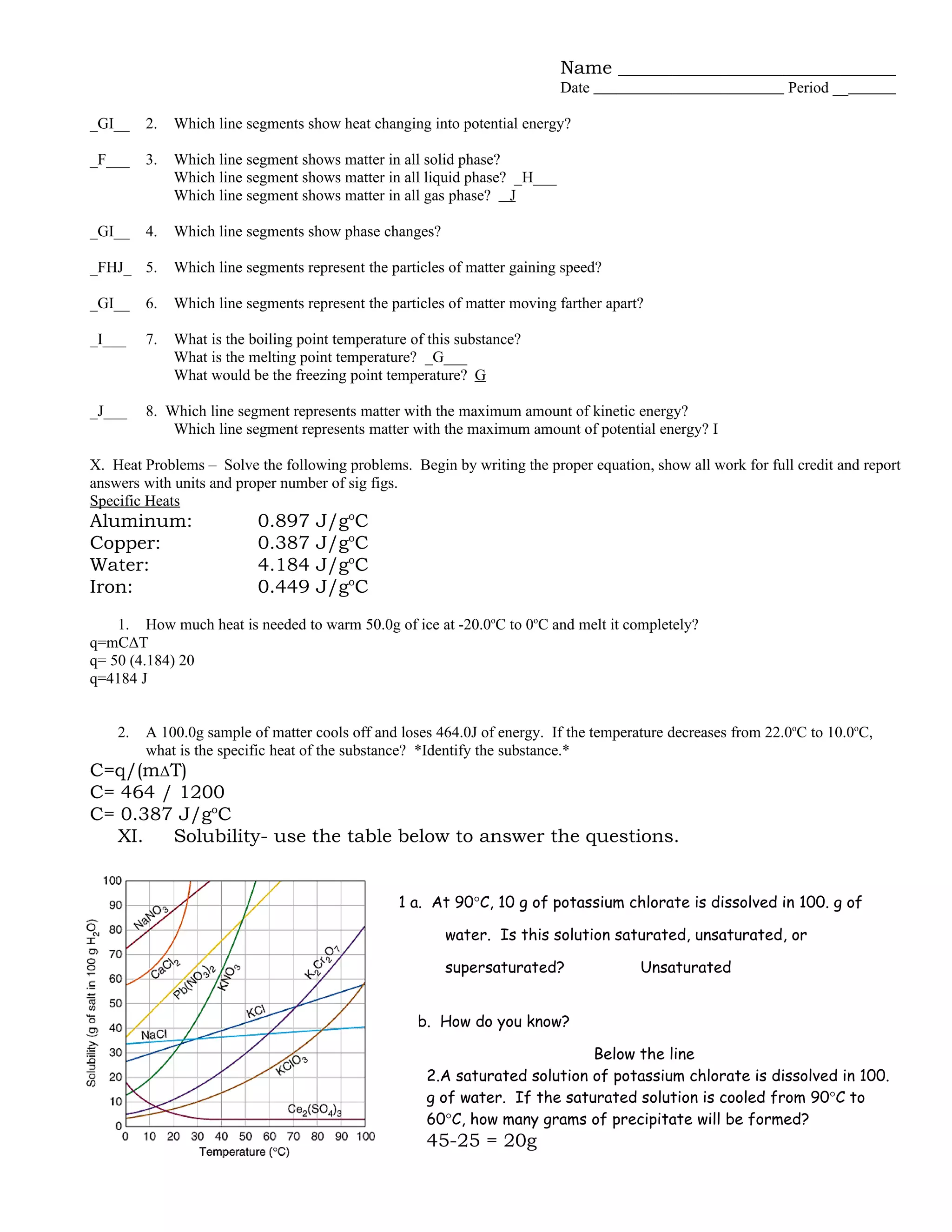 Name
                                                                           Date                              Period __

_GI__    2.   Which line segments show heat changing into potential energy?

_F___    3.   Which line segment shows matter in all solid phase?
              Which line segment shows matter in all liquid phase? _H___
              Which line segment shows matter in all gas phase? J

_GI__    4.   Which line segments show phase changes?

_FHJ_ 5.      Which line segments represent the particles of matter gaining speed?

_GI__    6.   Which line segments represent the particles of matter moving farther apart?

_I___    7.   What is the boiling point temperature of this substance?
              What is the melting point temperature? _G___
              What would be the freezing point temperature? G

_J___    8. Which line segment represents matter with the maximum amount of kinetic energy?
             Which line segment represents matter with the maximum amount of potential energy? I

X. Heat Problems – Solve the following problems. Begin by writing the proper equation, show all work for full credit and report
answers with units and proper number of sig figs.
Specific Heats
Aluminum:                  0.897    J/goC
Copper:                    0.387    J/goC
Water:                     4.184    J/goC
Iron:                      0.449    J/goC
    1. How much heat is needed to warm 50.0g of ice at -20.0oC to 0oC and melt it completely?
q=mCΔT
q= 50 (4.184) 20
q=4184 J


     A 100.0g sample of matter cools off and loses 464.0J of energy. If the temperature decreases from 22.0oC to 10.0oC,
    2.
     what is the specific heat of the substance? *Identify the substance.*
C=q/(mΔT)
C= 464 / 1200
C= 0.387 J/goC
  XI.   Solubility- use the table below to answer the questions.


                                                  1 a. At 90°C, 10 g of potassium chlorate is dissolved in 100. g of

                                                         water. Is this solution saturated, unsaturated, or

                                                         supersaturated?                Unsaturated


                                                     b. How do you know?

                                                                             Below the line
                                                      2.A saturated solution of potassium chlorate is dissolved in 100.
                                                      g of water. If the saturated solution is cooled from 90°C to
                                                      60°C, how many grams of precipitate will be formed?
                                                      45-25 = 20g
 