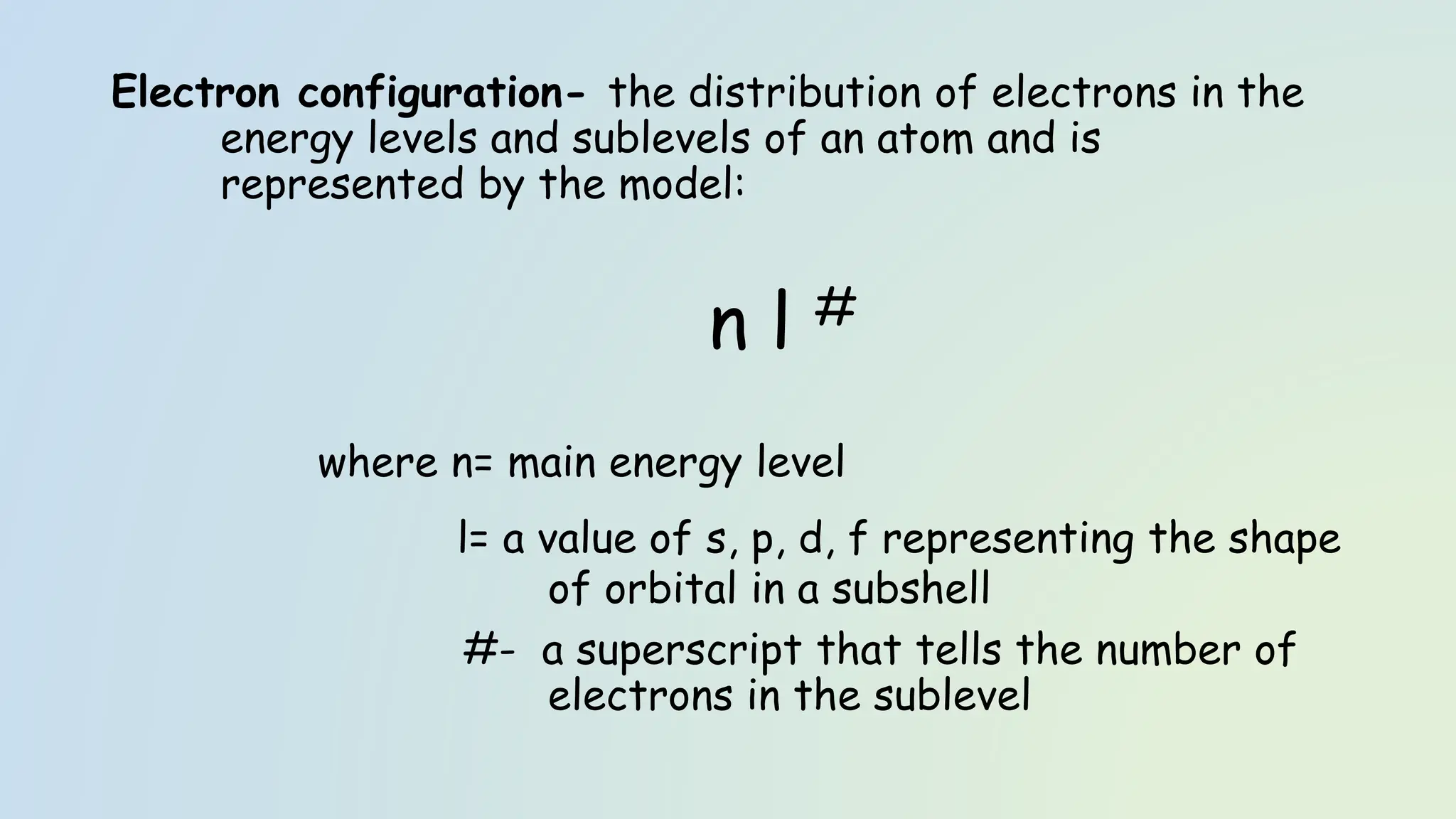 Electron configuration- the distribution of electrons in the
energy levels and sublevels of an atom and is
represented by the model:
n l #
where n= main energy level
l= a value of s, p, d, f representing the shape
of orbital in a subshell
#- a superscript that tells the number of
electrons in the sublevel
 