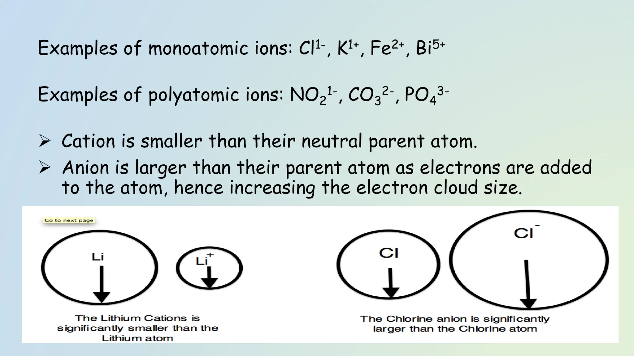 Examples of monoatomic ions: Cl1-, K1+, Fe2+, Bi5+
Examples of polyatomic ions: NO2
1-, CO3
2-, PO4
3-
➢ Cation is smaller than their neutral parent atom.
➢ Anion is larger than their parent atom as electrons are added
to the atom, hence increasing the electron cloud size.
 
