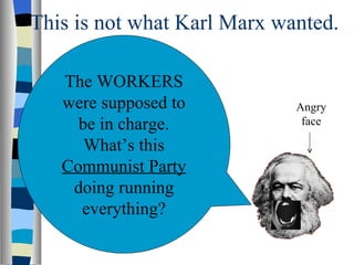 This is not what Karl Marx wanted. The WORKERS were supposed to be in charge. What’s this  Communist Party  doing running everything? Angry face 