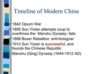 Timeline of Modern China 1842 Opium War 1895 Sun Yixian attempts coup to overthrow the  Manchu Dynasty- fails 1898 Boxer Rebellion: anti-foreigner 1912 Sun Yixian is  successful , and founds the Chinese Republic Manchu (Qing) Dynasty (1644-1912 AD) 