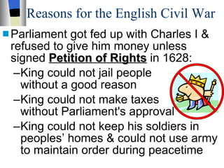 Reasons for the English Civil War Parliament got fed up with Charles I & refused to give him money unless signed  Petition of Rights  in 1628: King could not jail people  without a good reason King could not make taxes  without Parliament's approval King could not keep his soldiers in peoples’ homes & could not use army to maintain order during peacetime 