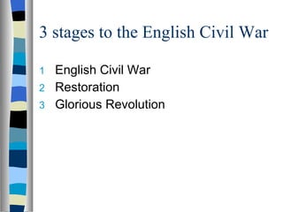 3 stages to the English Civil War English Civil War Restoration Glorious Revolution 