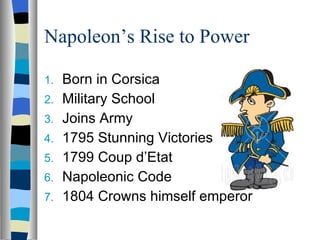 Napoleon’s Rise to Power Born in Corsica Military School Joins Army 1795 Stunning Victories 1799 Coup d’Etat Napoleonic Code 1804 Crowns himself emperor 