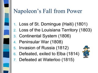 Napoleon’s Fall from Power Loss of St. Domingue (Haiti) (1801) Loss of the Louisiana Territory (1803) Continental System (1806) Peninsular War (1808) Invasion of Russia (1812) Defeated, exiled to Elba (1814) Defeated at Waterloo (1815) 