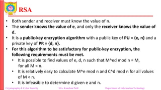 RSA
• Both sender and receiver must know the value of n.
• The sender knows the value of e, and only the receiver knows the value of
d.
• It is a public-key encryption algorithm with a public key of PU = {e, n} and a
private key of PR = {d, n}.
• For this algorithm to be satisfactory for public-key encryption, the
following requirements must be met.
• It is possible to find values of e, d, n such that M^ed mod n = M,
for all M < n.
• It is relatively easy to calculate M^e mod n and C^d mod n for all values
of M < n.
• It is infeasible to determine d given e and n.
Cryptography & Cyber Security Mrs. Kanchan Patil Department of Information Technology
 