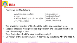 RSA
• Finally, we get RSA Schema
• The private key consists of {d, n} and the public key consists of {e, n}.
• Suppose that user A has published its public key and that user B wishes to
send the message M to A.
• Then B calculates C = M^e mod n and transmits C.
• On receipt of this ciphertext, user A decrypts by calculating M = C^d mod n.
Cryptography & Cyber Security Mrs. Kanchan Patil Department of Information Technology
 