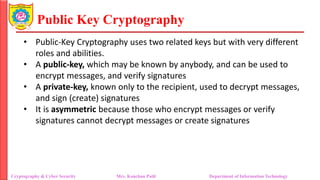Public Key Cryptography
• Public-Key Cryptography uses two related keys but with very different
roles and abilities.
• A public-key, which may be known by anybody, and can be used to
encrypt messages, and verify signatures
• A private-key, known only to the recipient, used to decrypt messages,
and sign (create) signatures
• It is asymmetric because those who encrypt messages or verify
signatures cannot decrypt messages or create signatures
Cryptography & Cyber Security Mrs. Kanchan Patil Department of Information Technology
 